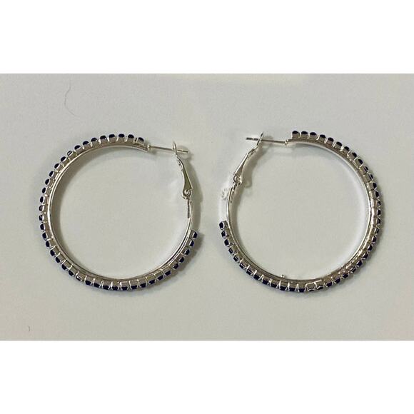 Silver Hoop Earrings with Black Rhinestones - Picture 2 of 2